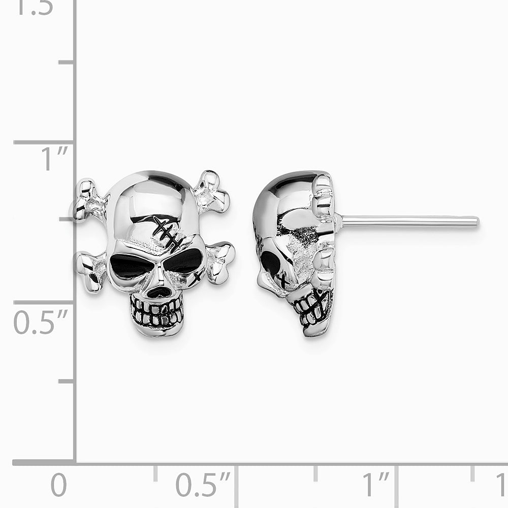 Sterling Silver Rhodium-plated Antiqued Enameled Skull Post Earrings - Product Photo
