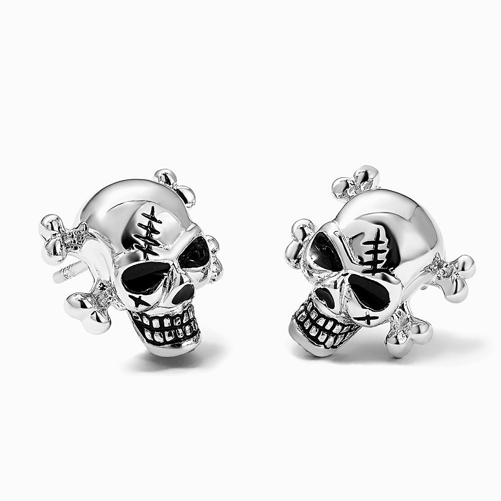Sterling Silver Rhodium-plated Antiqued Enameled Skull Post Earrings - Product Photo