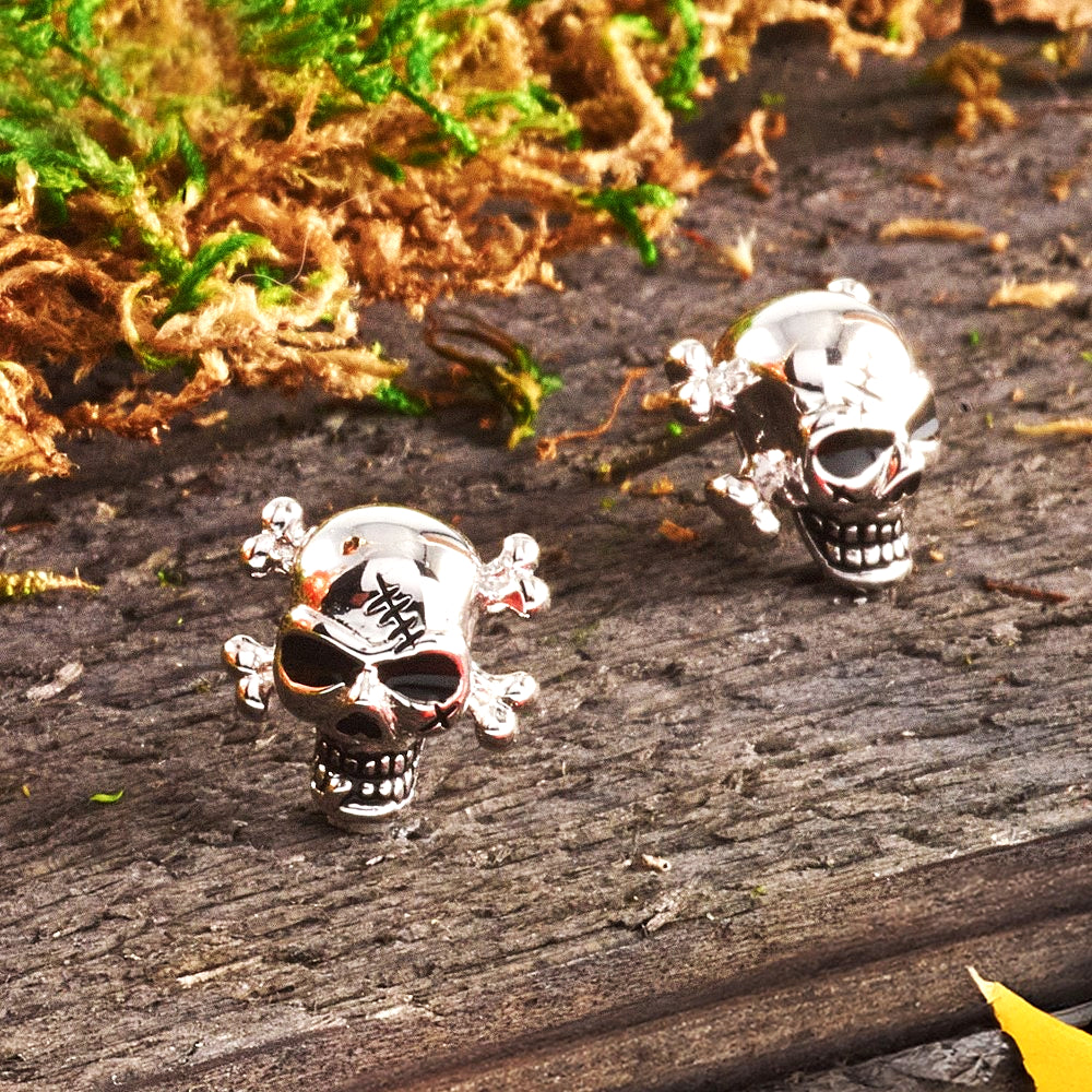 Sterling Silver Rhodium-plated Antiqued Enameled Skull Post Earrings - Product Photo