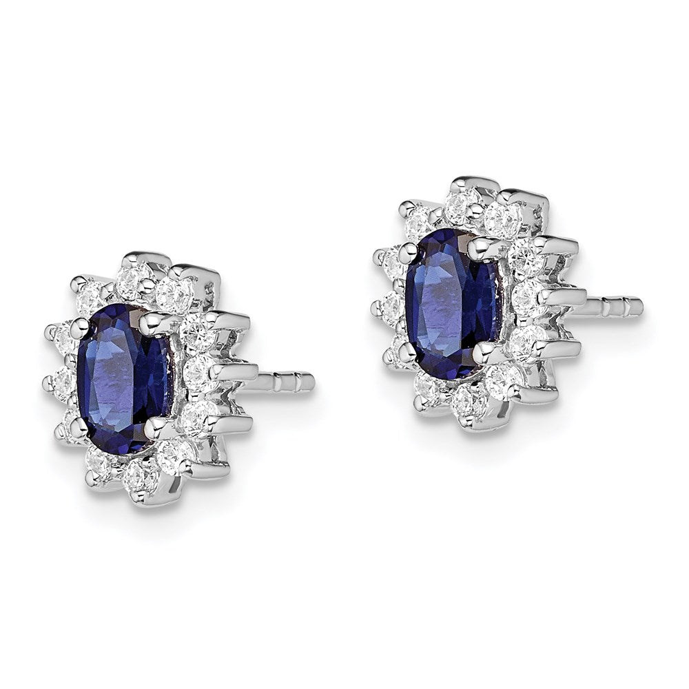 Sterling Silver Rhodium-plated CZ/Lab Cr. Blue Sapphire Earrings - Product Photo