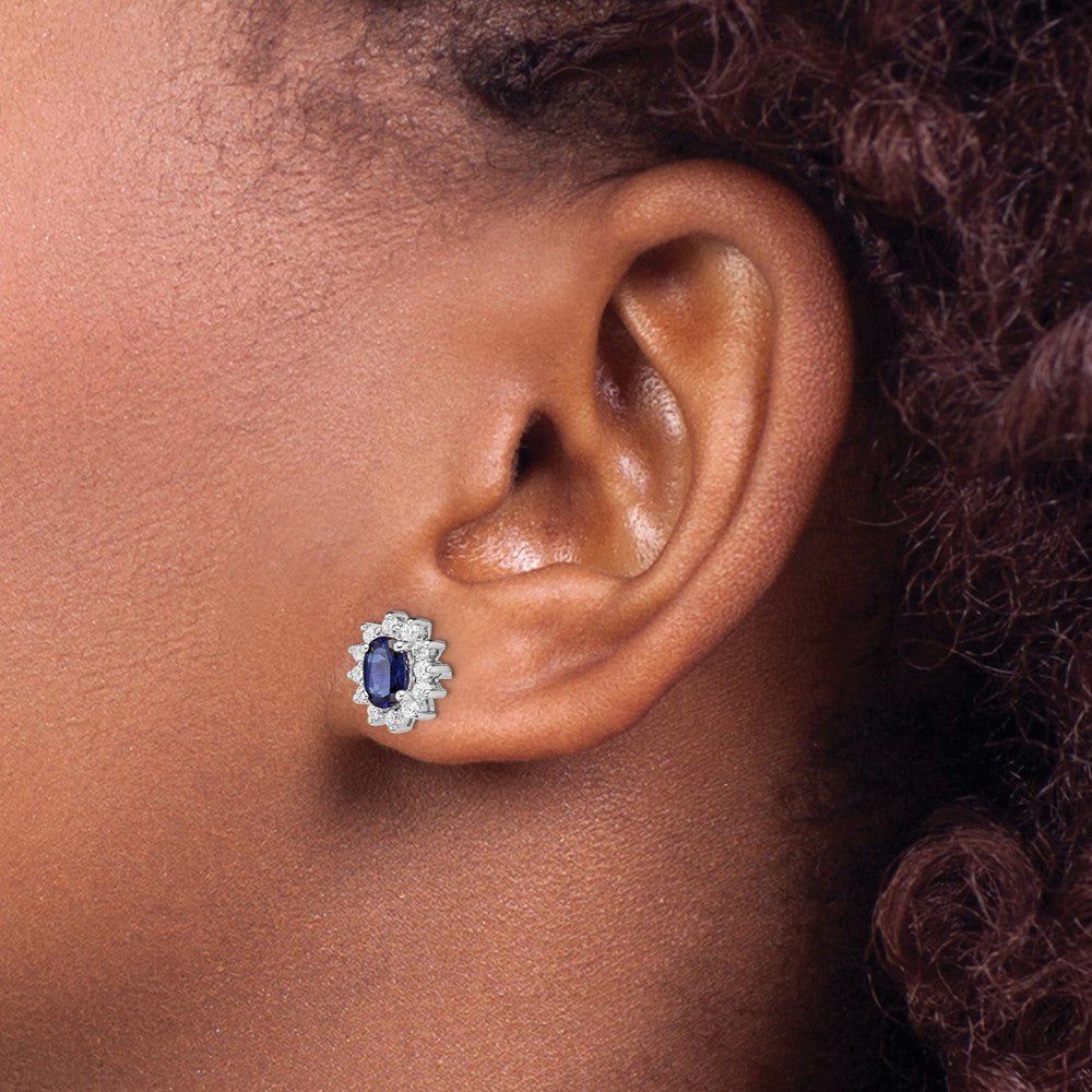 Sterling Silver Rhodium-plated CZ/Lab Cr. Blue Sapphire Earrings - Product Photo