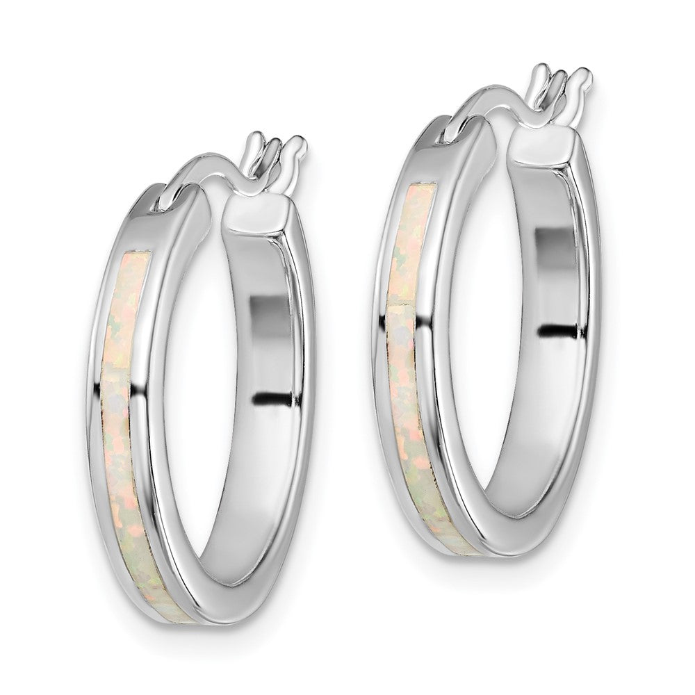 Sterling Silver Rhodium-plated Created Opal Inlay Round Hoop Earrings - Product Photo