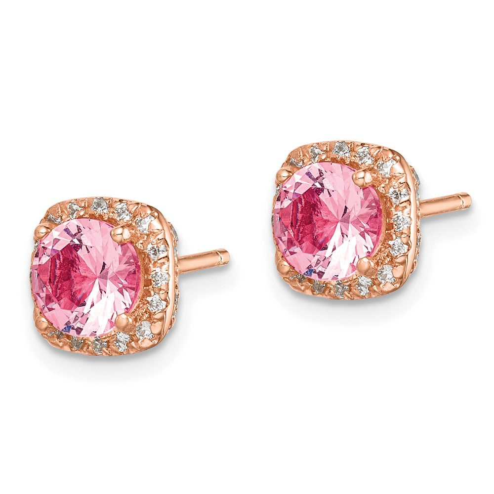 Sterling Silver Rose-tone Square Pink Crystal Center and CZ Post Earrings - Product Photo