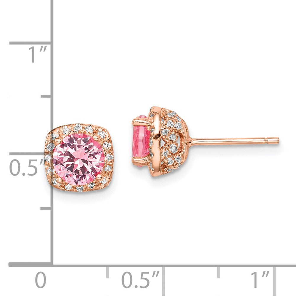 Sterling Silver Rose-tone Square Pink Crystal Center and CZ Post Earrings - Product Photo