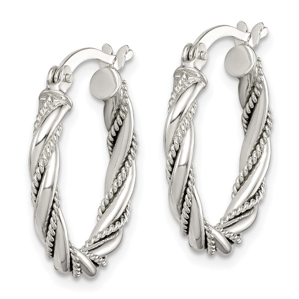 Sterling Silver Twisted Textured 3x20mm Hoop Earrings - Product Photo