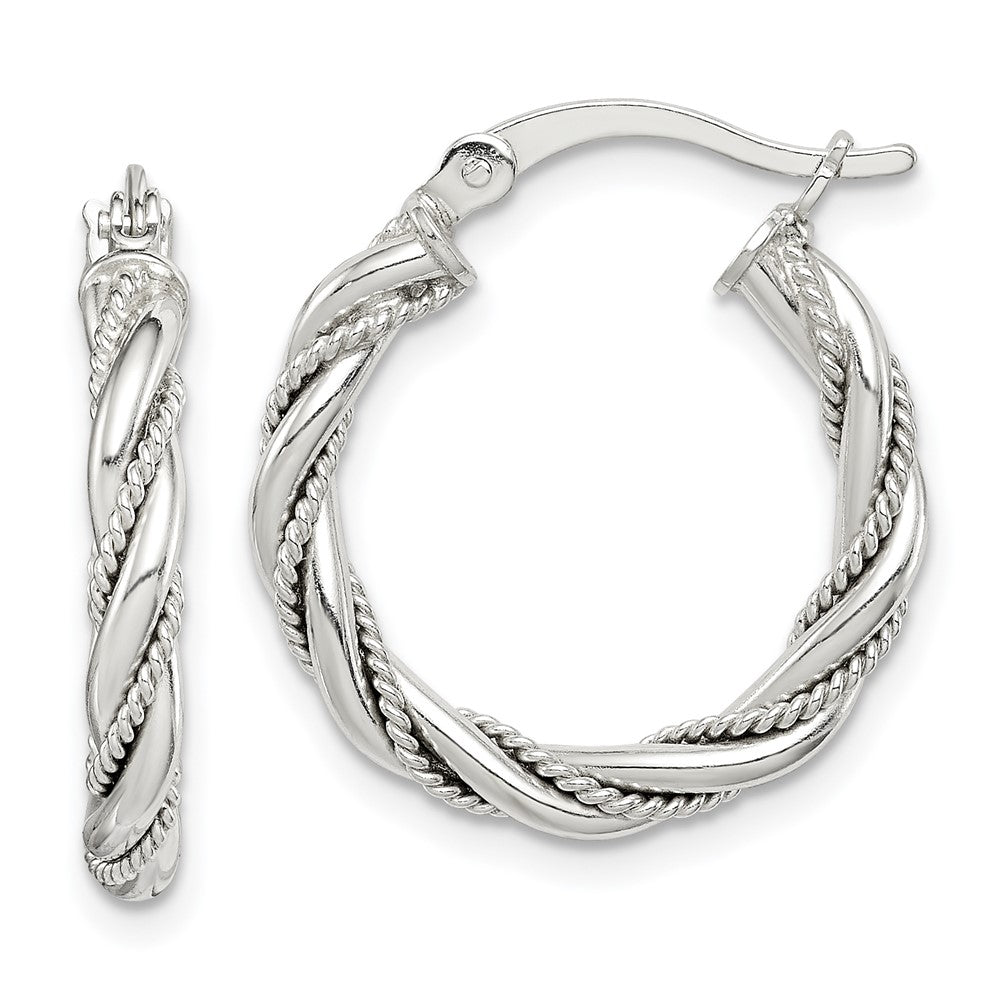Sterling Silver Twisted Textured 3x20mm Hoop Earrings - Product Photo