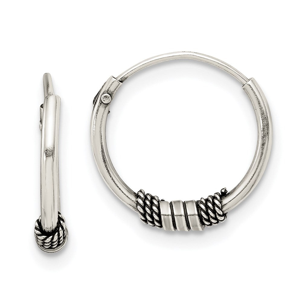 Sterling Silver Antiqued Beaded Endless Hoop Earrings - Product Photo