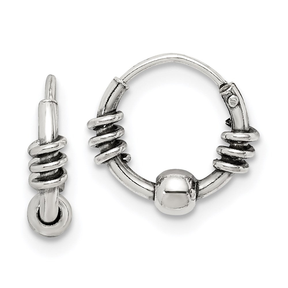 Sterling Silver Antiqued Beaded Endless Hoop Earrings - Product Photo