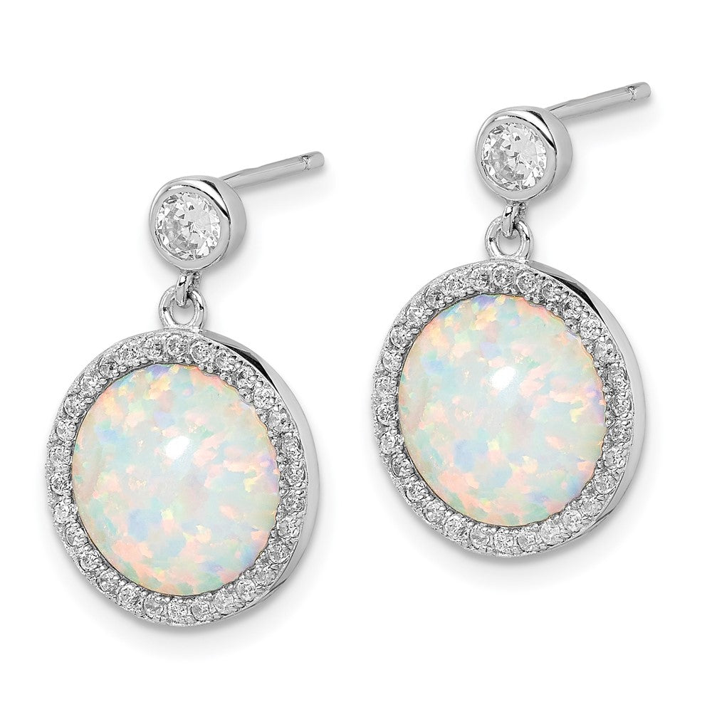 Sterling Silver Rhodium-plated Lab Created Opal and CZ Dangle Earrings - Product Photo