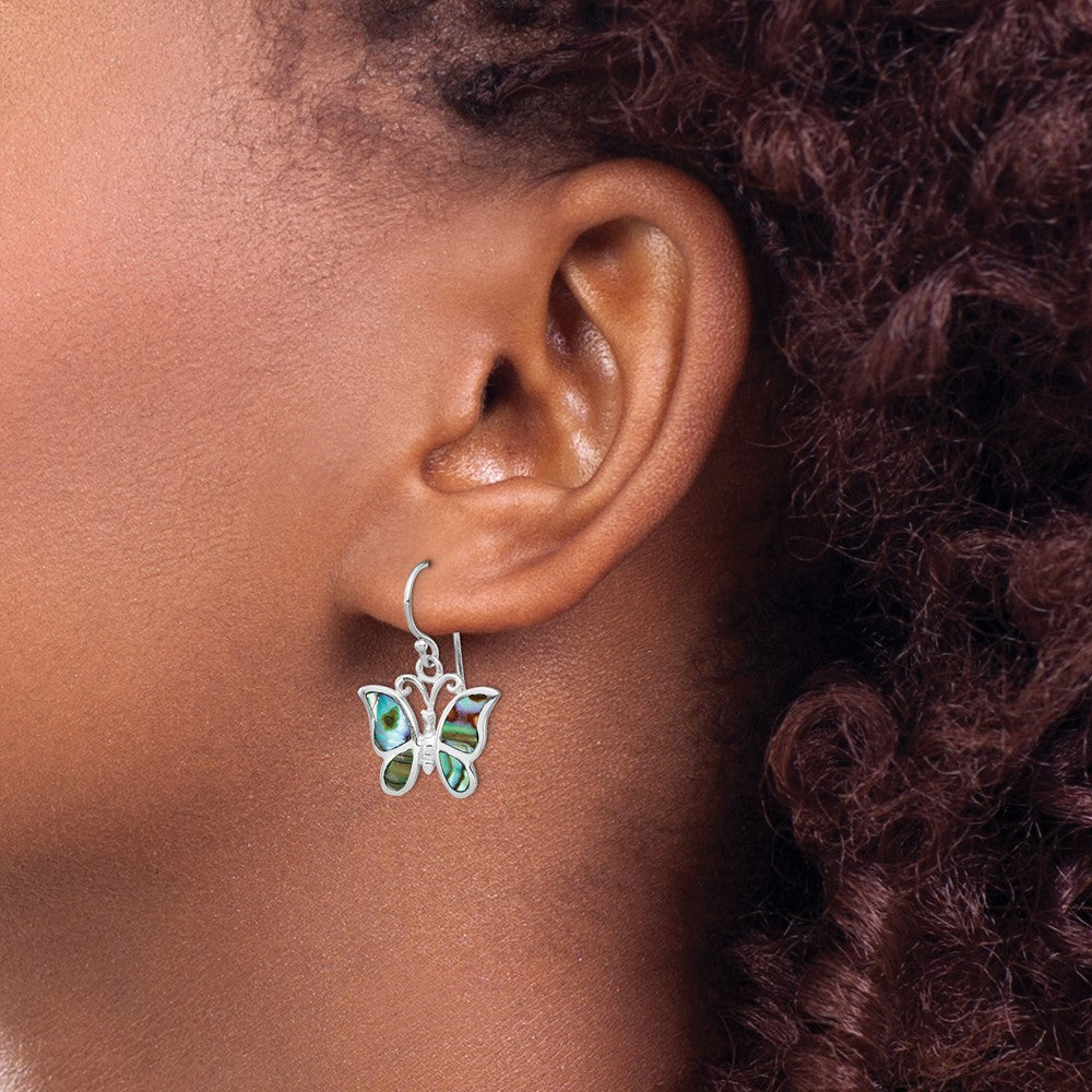 Sterling Silver Rhodium-plated Abalone Butterfly Dangle Earrings - Product Photo