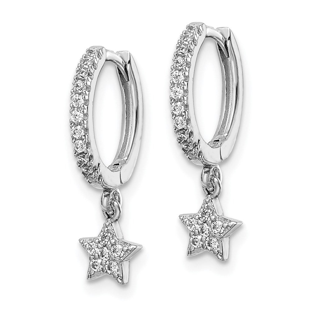 Sterling Silver Rhodium-Plated CZ Hoops with Star Dangle Earrings - Product Photo