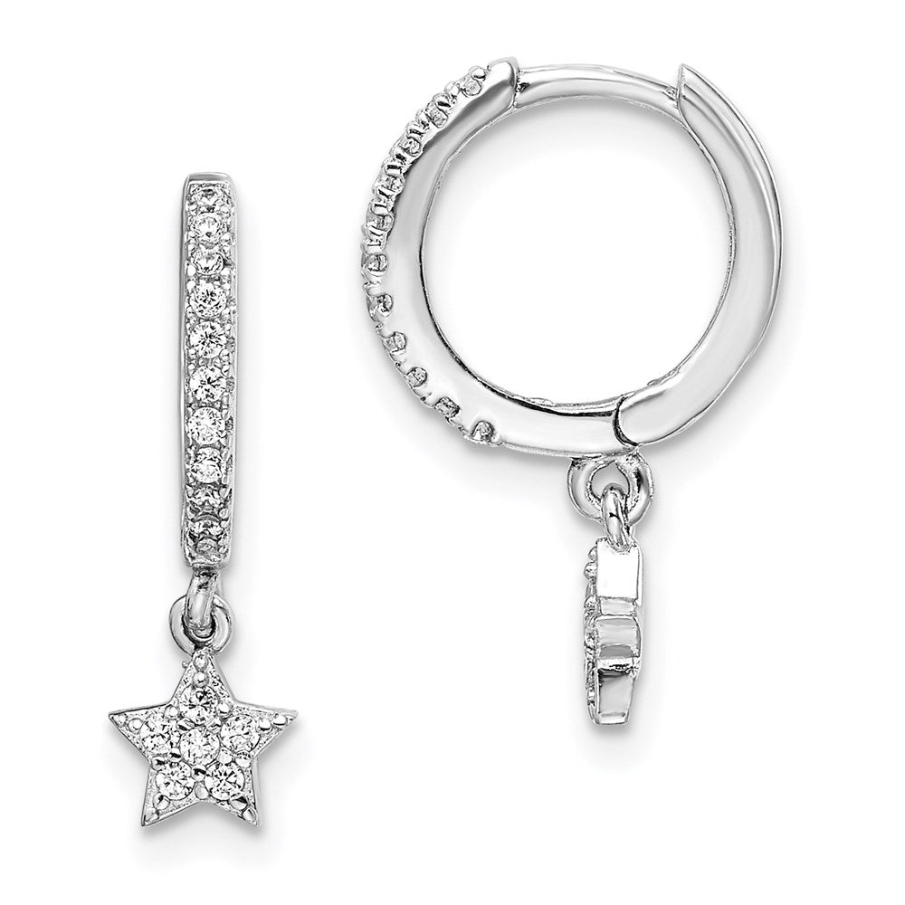 Sterling Silver Rhodium-Plated CZ Hoops with Star Dangle Earrings - Product Photo