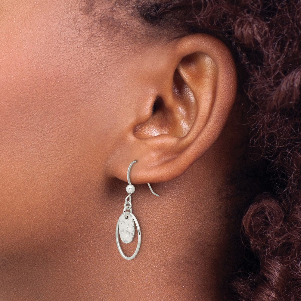 Sterling Silver Polished & Hammered Oval Dangle Earrings - Product Photo