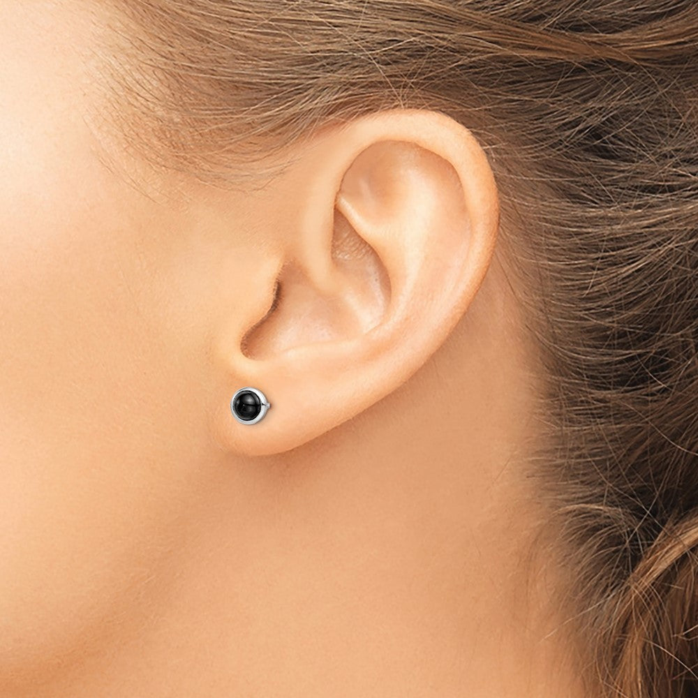 Sterling Silver Rhodium-plated Polished Onyx Round Bezel Stud Earrings - Product Photo