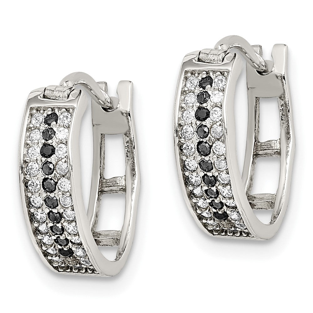 Sterling Silver RH-pltd Polished Black/White CZ 4mm Round Hoop Earrings - Product Photo