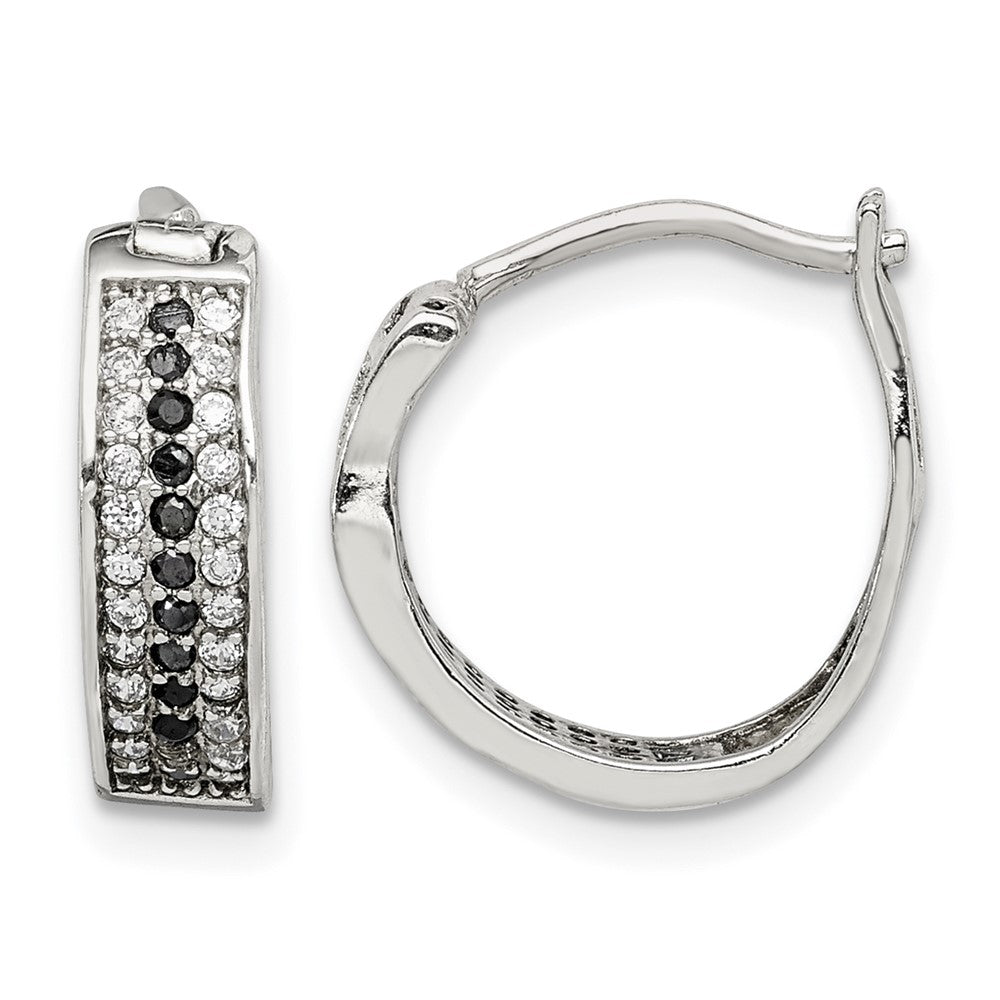 Sterling Silver RH-pltd Polished Black/White CZ 4mm Round Hoop Earrings - Product Photo