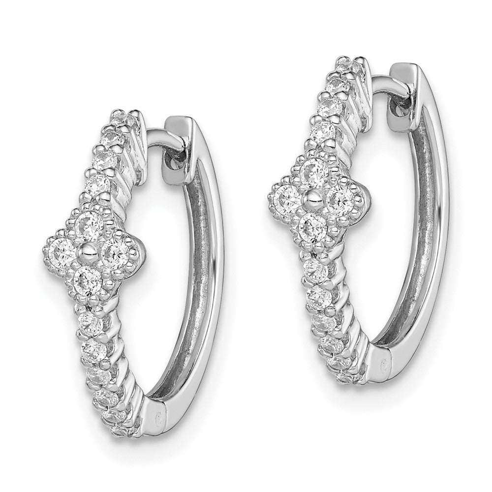 Sterling Silver Rhodium Plated CZ Hinged Hoop Earrings - Product Photo