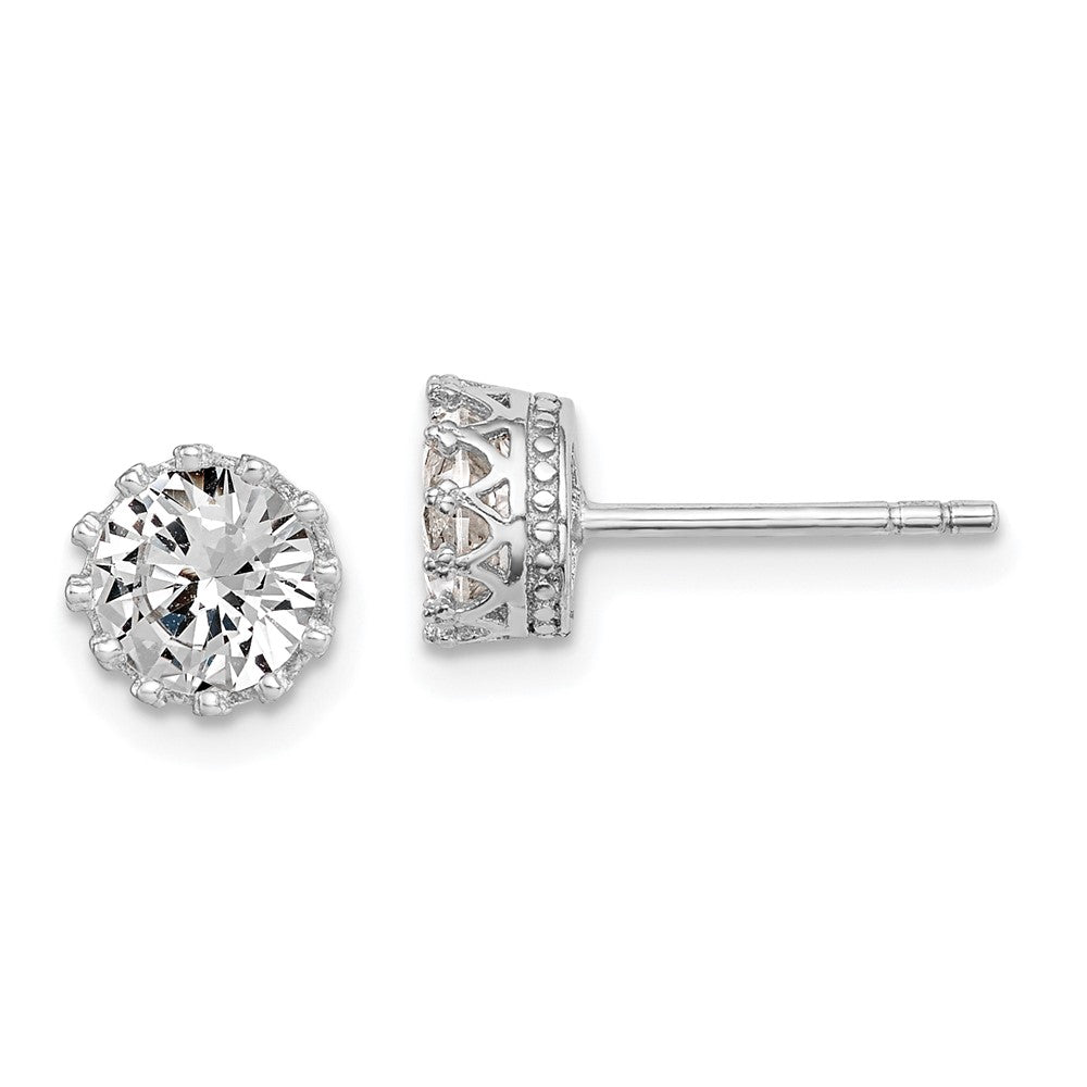 Sterling Silver RH-plated Polished & Textured 6mm Round CZ Stud Earrings - Product Photo
