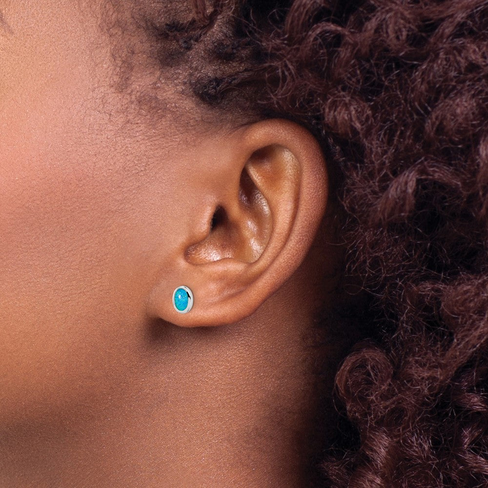 Sterling Silver RH-plated Polished Blue Created Opal Oval Stud Earrings - Product Photo