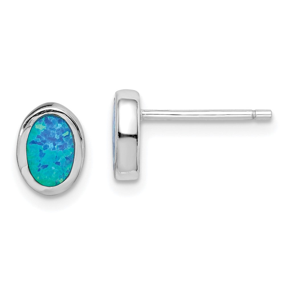 Sterling Silver RH-plated Polished Blue Created Opal Oval Stud Earrings - Product Photo