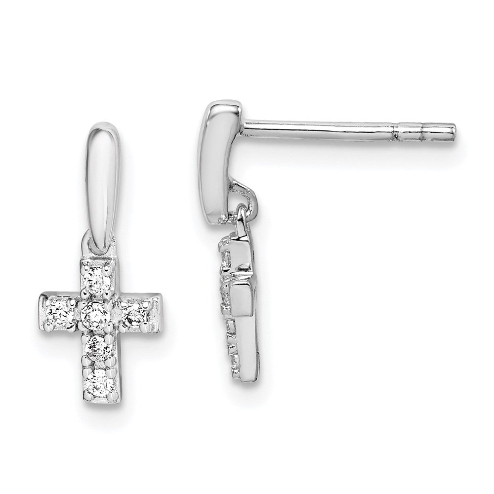 Sterling Silver Rhodium-plated Polished CZ Cross Post Dangle Earrings - Product Photo