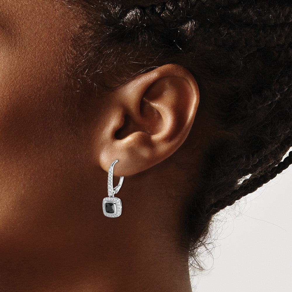 Sterling Silver Rhodium-plated Black & White CZ Halo Leverback Earrings - Product Photo