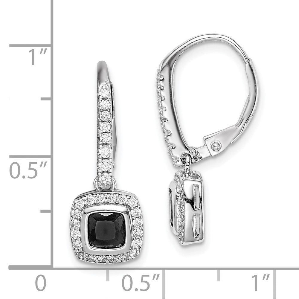 Sterling Silver Rhodium-plated Black & White CZ Halo Leverback Earrings - Product Photo