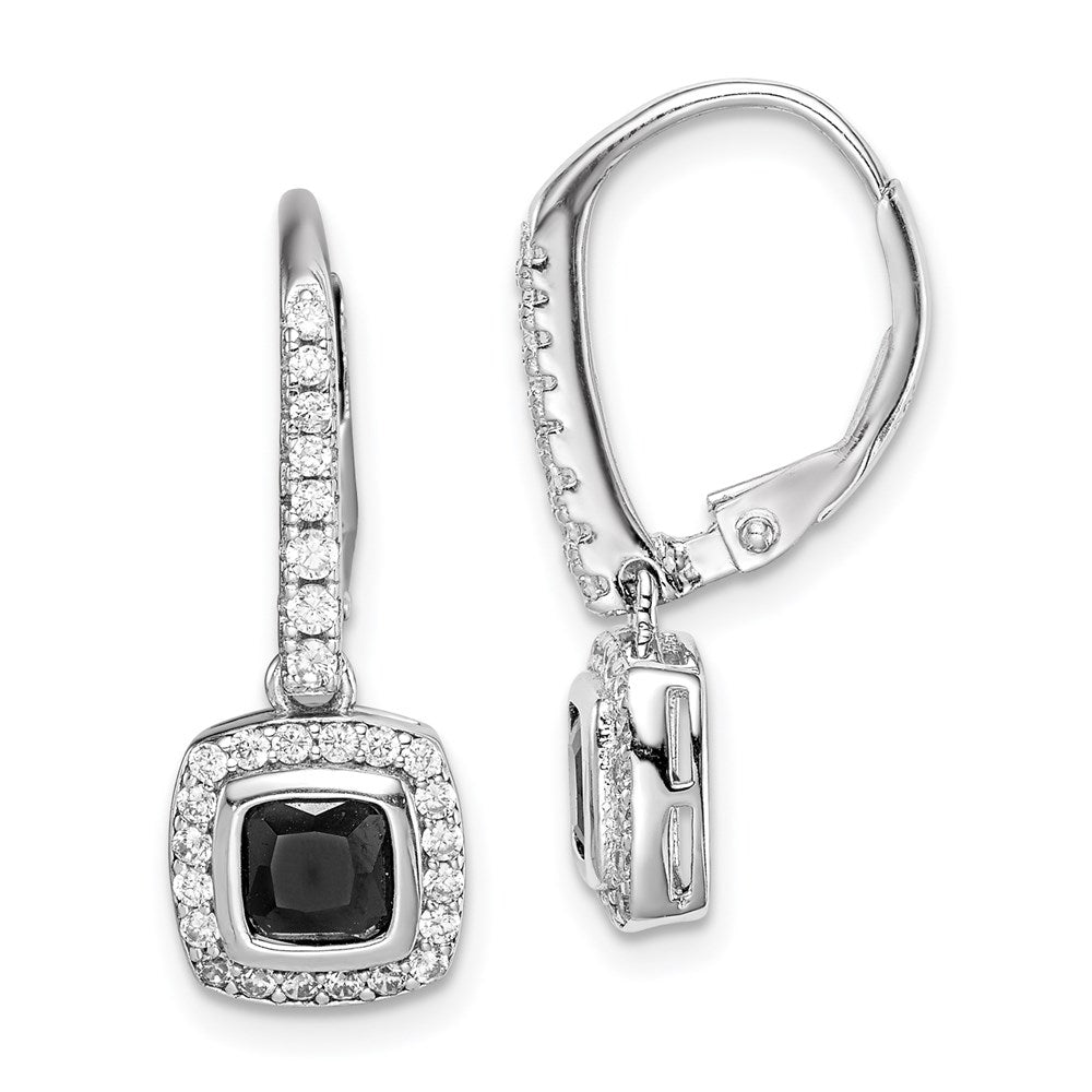 Sterling Silver Rhodium-plated Black & White CZ Halo Leverback Earrings - Product Photo