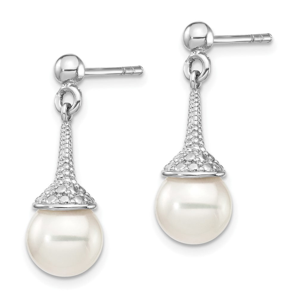 Sterling Silver Rhodium-plated CZ and Imitation Shell Pearl Dangle Earrings - Product Photo