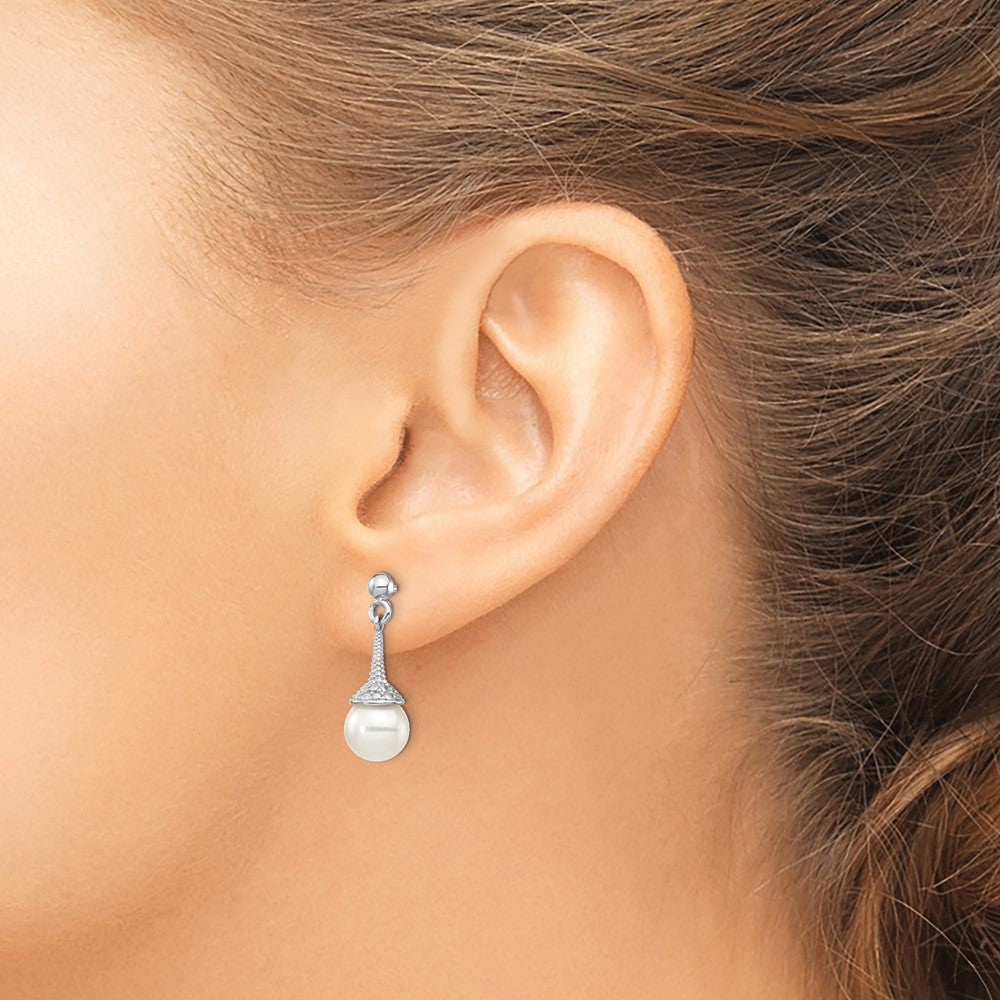 Sterling Silver Rhodium-plated CZ and Imitation Shell Pearl Dangle Earrings - Product Photo