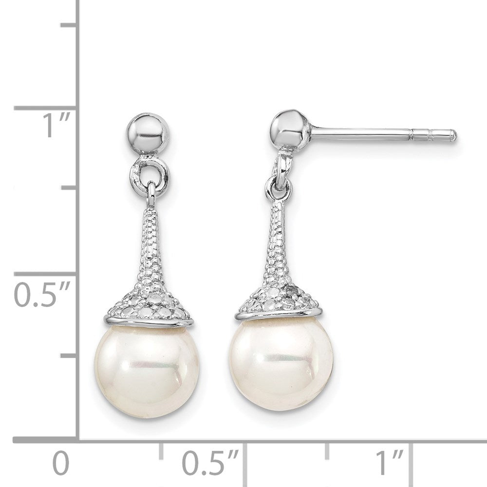 Sterling Silver Rhodium-plated CZ and Imitation Shell Pearl Dangle Earrings - Product Photo