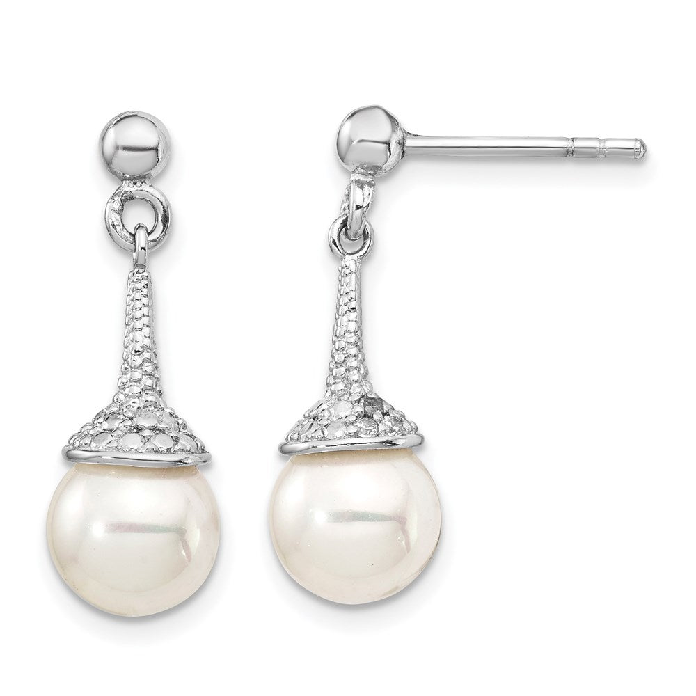 Sterling Silver Rhodium-plated CZ and Imitation Shell Pearl Dangle Earrings - Product Photo