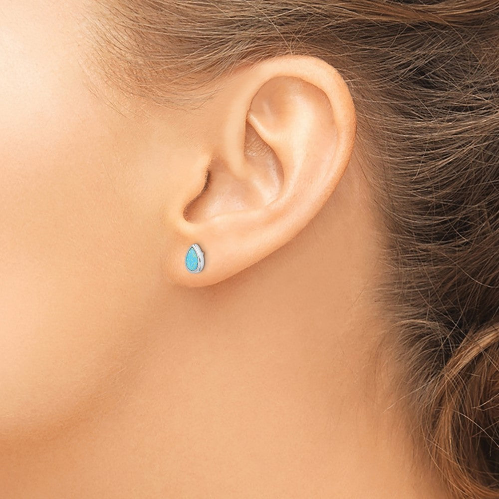 Sterling Silver RH-pltd Polished Blue Created Opal Teardrop Stud Earrings - Product Photo