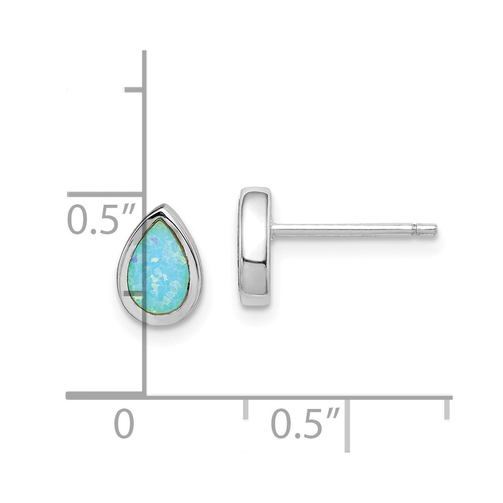 Sterling Silver RH-pltd Polished Blue Created Opal Teardrop Stud Earrings - Product Photo