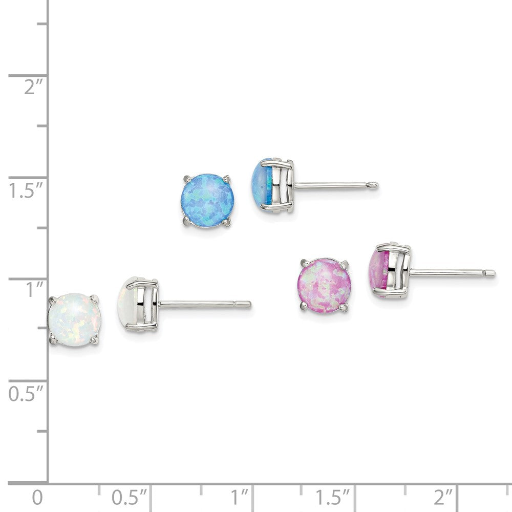 Sterling Silver RH-pltd Pink/White/Blue 7mm Cr. Opal 3 Pair Earring Set - Product Photo