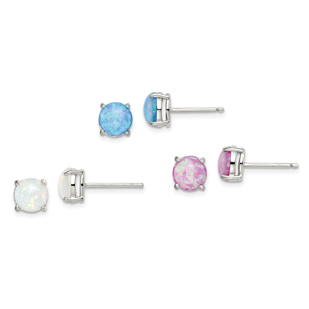 Sterling Silver RH-pltd Pink/White/Blue 7mm Cr. Opal 3 Pair Earring Set - Product Photo