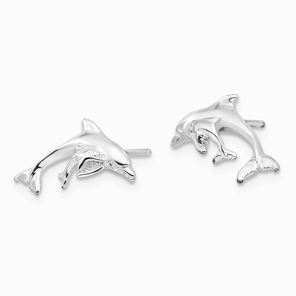 Sterling Silver Rhodium-plated Polished Dolphin and Baby Post Earrings - Product Photo