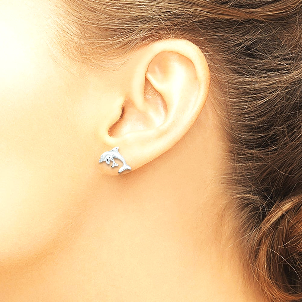 Sterling Silver Rhodium-plated Polished Dolphin and Baby Post Earrings - Product Photo