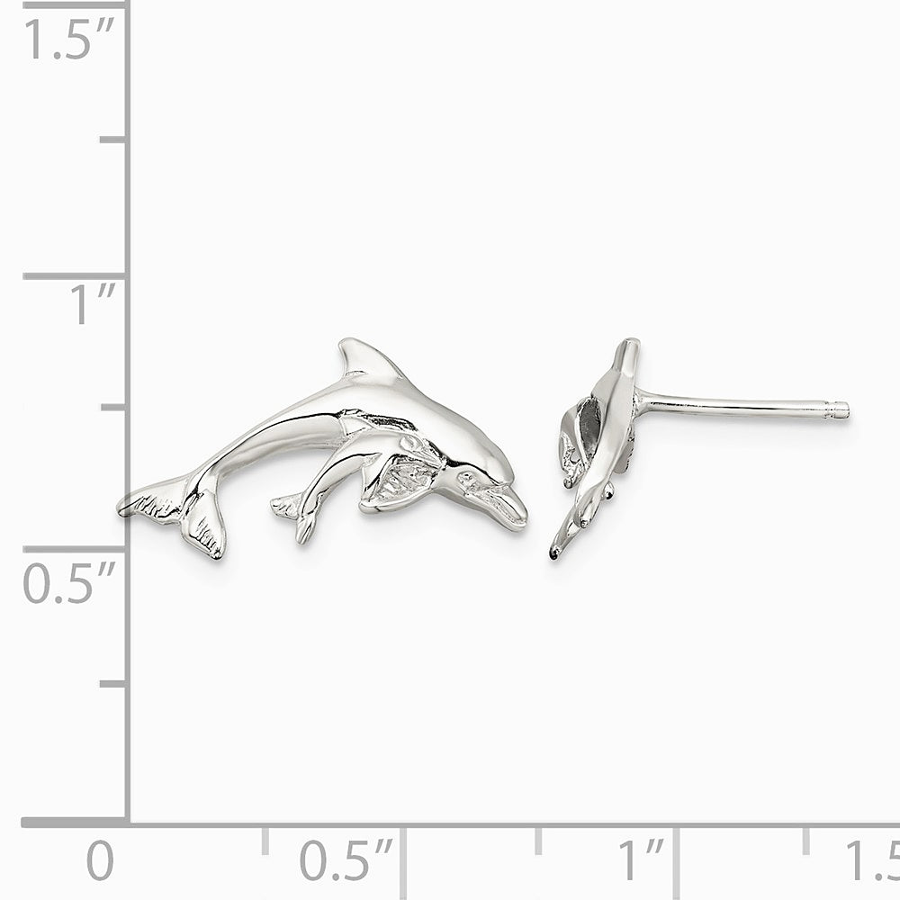 Sterling Silver Rhodium-plated Polished Dolphin and Baby Post Earrings - Product Photo