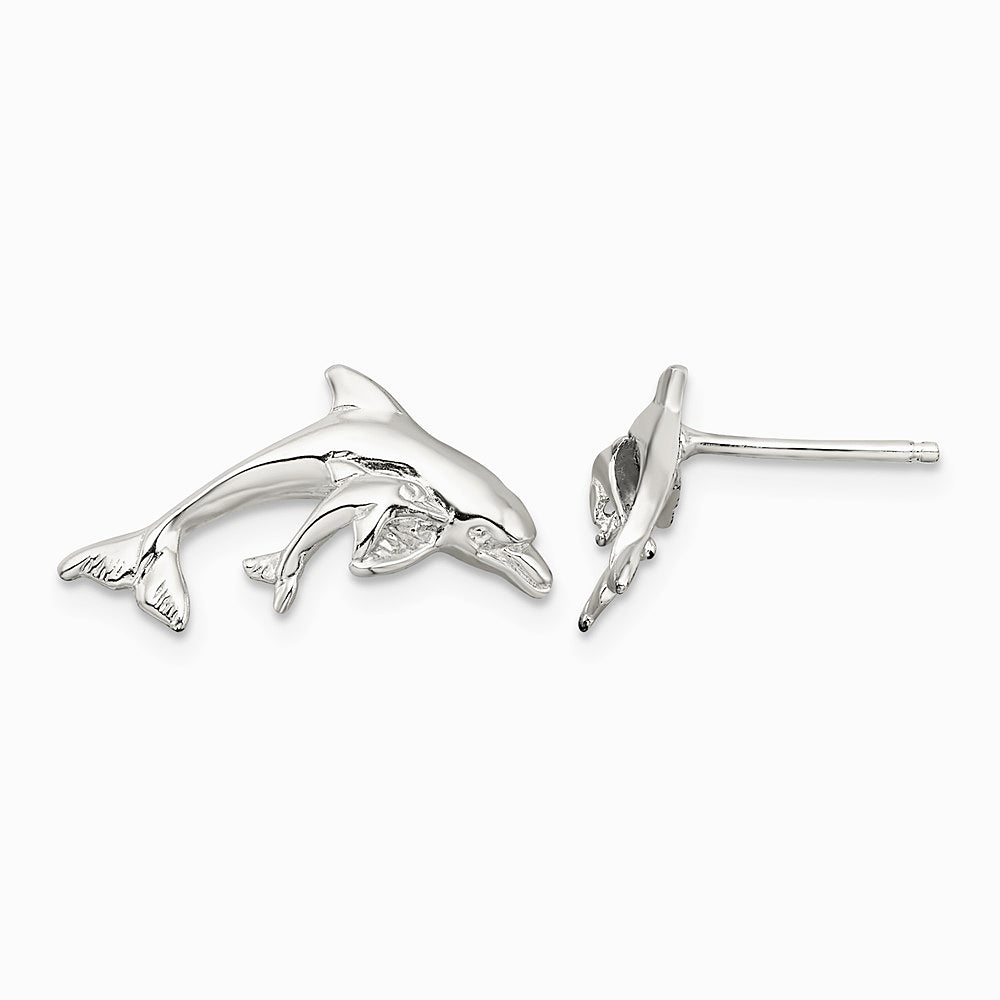 Sterling Silver Rhodium-plated Polished Dolphin and Baby Post Earrings