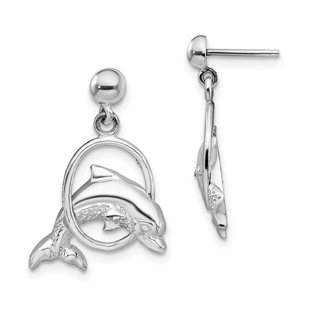 Sterling Silver Rhodium-plated Dolphin in Hoop Dangle Post Earrings - Product Photo