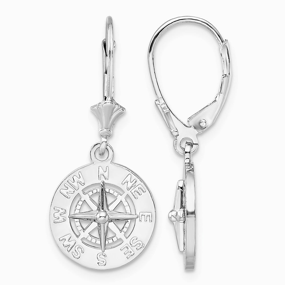 Sterling Silver Rhodium-plated Polished Mini Compass Leverback Earrings - Product Photo