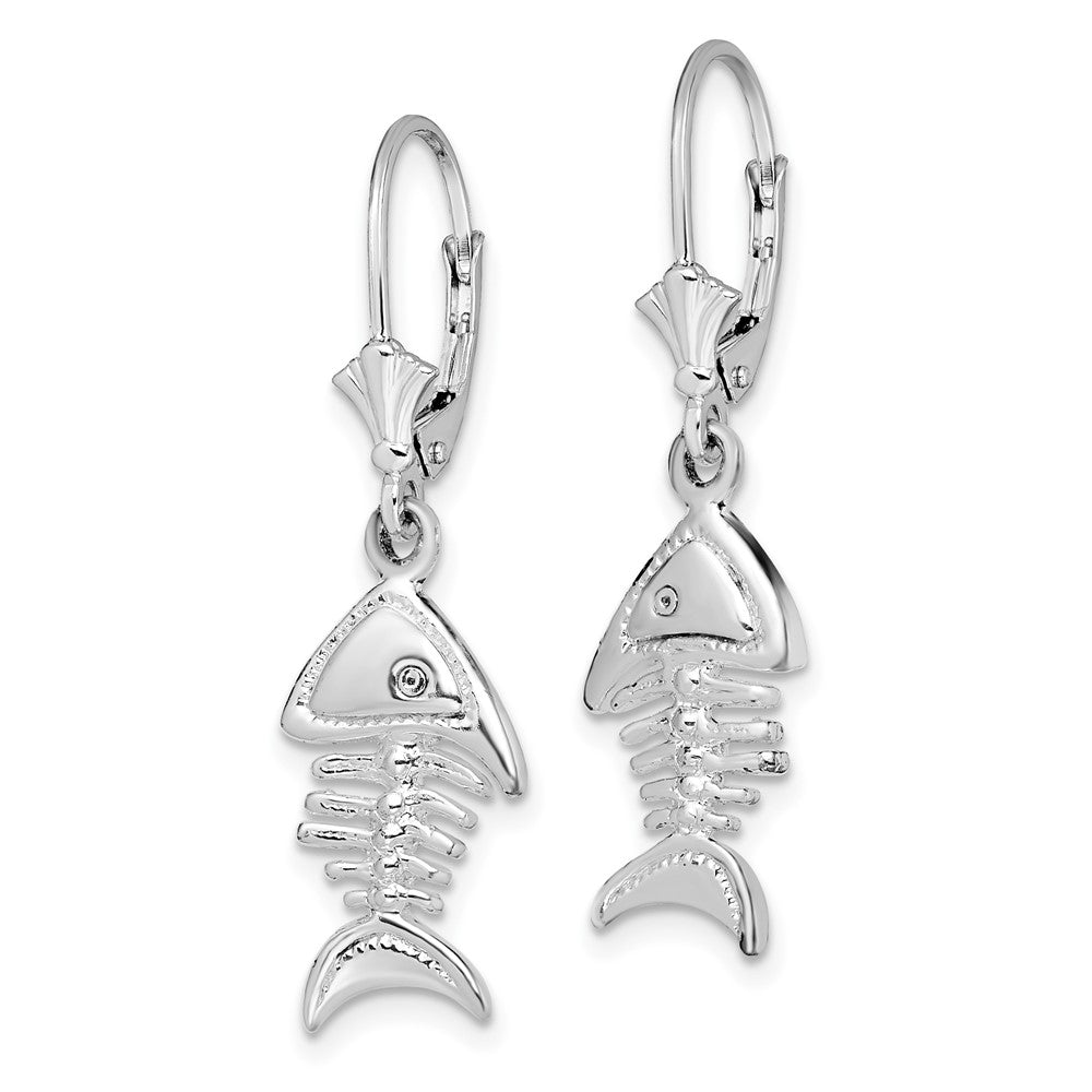 Sterling Silver Rhodium-plated Polished 3D Fishbone Leverback Earrings - Product Photo