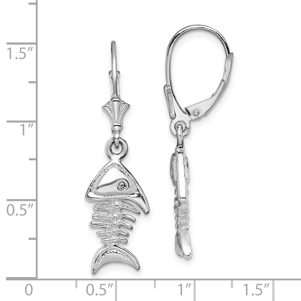 Sterling Silver Rhodium-plated Polished 3D Fishbone Leverback Earrings - Product Photo