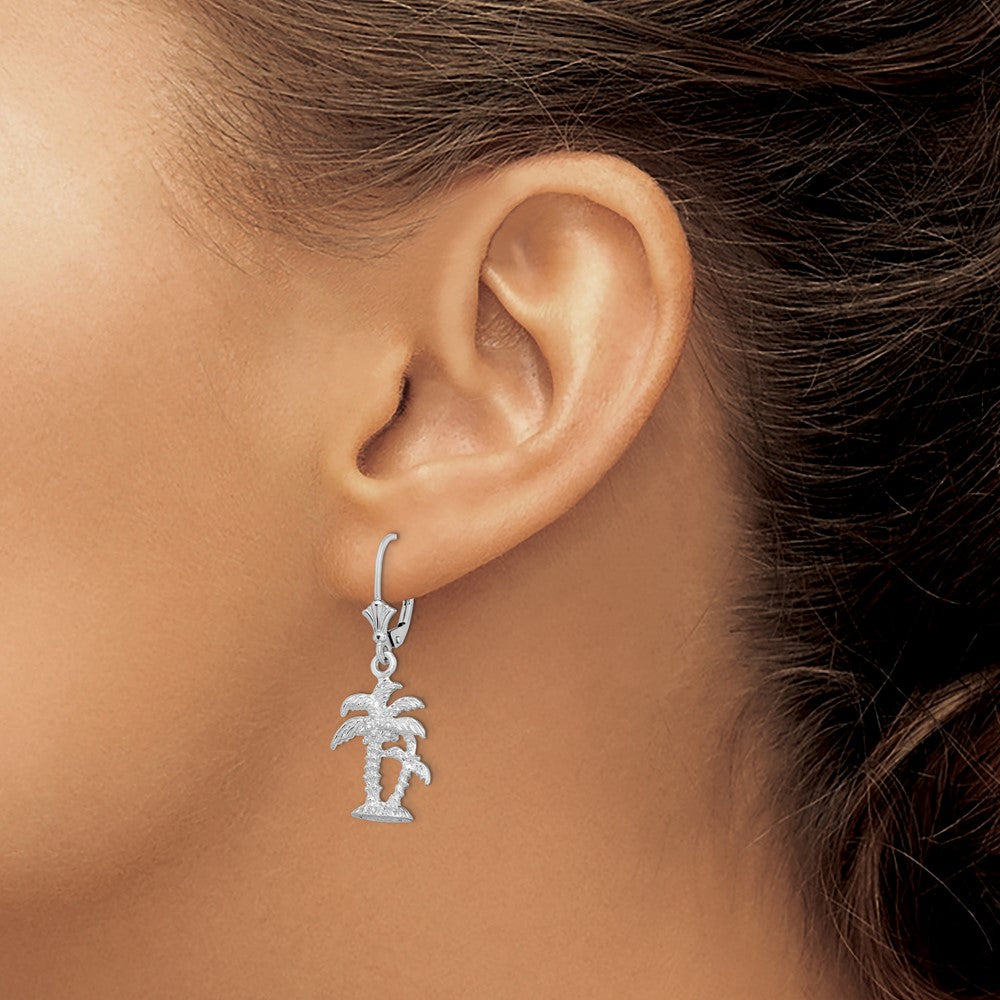 Sterling Silver Rhodium-plated Polished Palm Trees Leverback Earrings - Product Photo