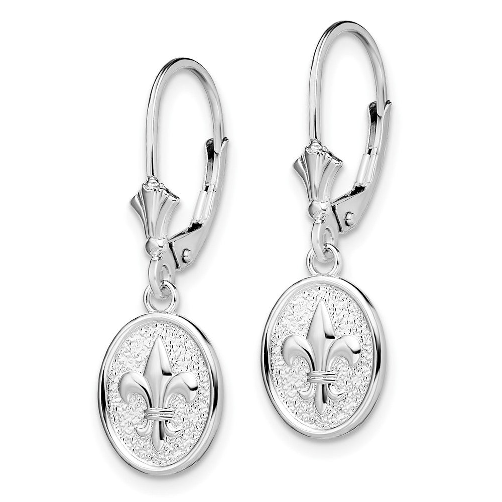 Sterling Silver RH-plated Textured Fleur de Lis Leverback Dangle Earrings - Product Photo