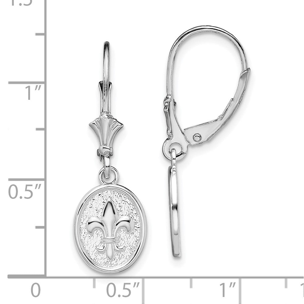 Sterling Silver RH-plated Textured Fleur de Lis Leverback Dangle Earrings - Product Photo