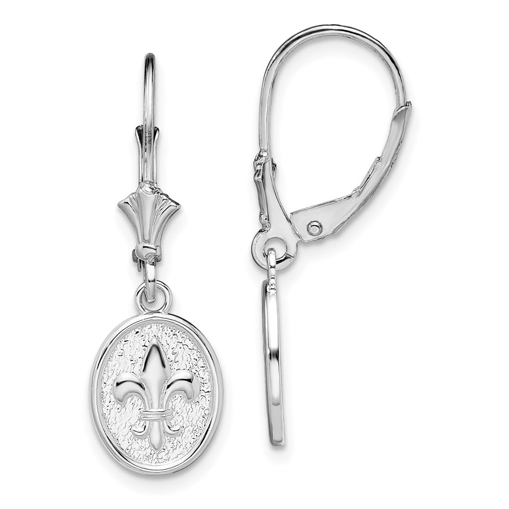 Sterling Silver RH-plated Textured Fleur de Lis Leverback Dangle Earrings