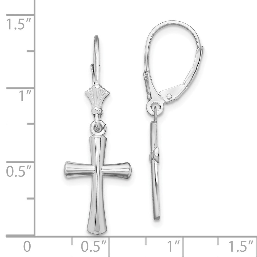 Sterling Silver Rhod-plated Polished Beveled Latin Cross Leverback Earrings - Product Photo