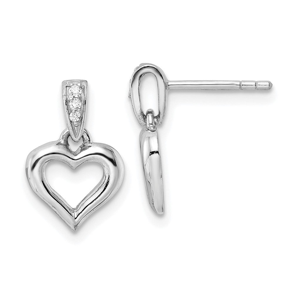 Sterling Silver RH Polished CZ Heart Post Dangle Earrings - Product Photo